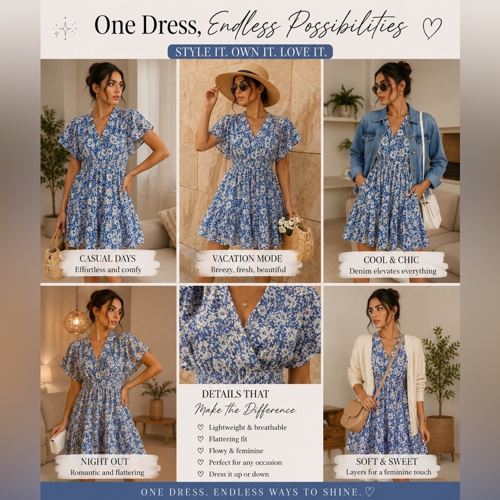 Zara Blue and White Floral V-Neck Mini Dress